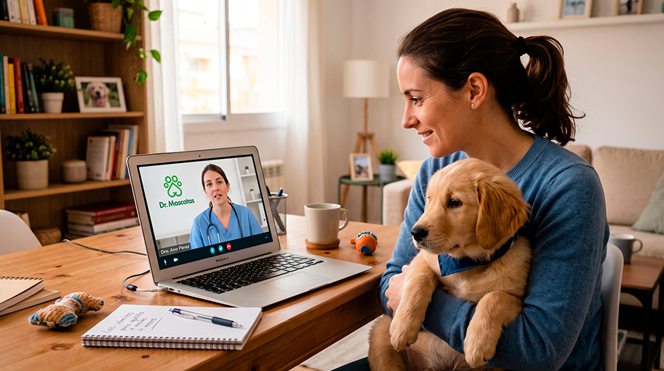 Tutor conectándose de noche a la guardia veterinaria desde su teléfono