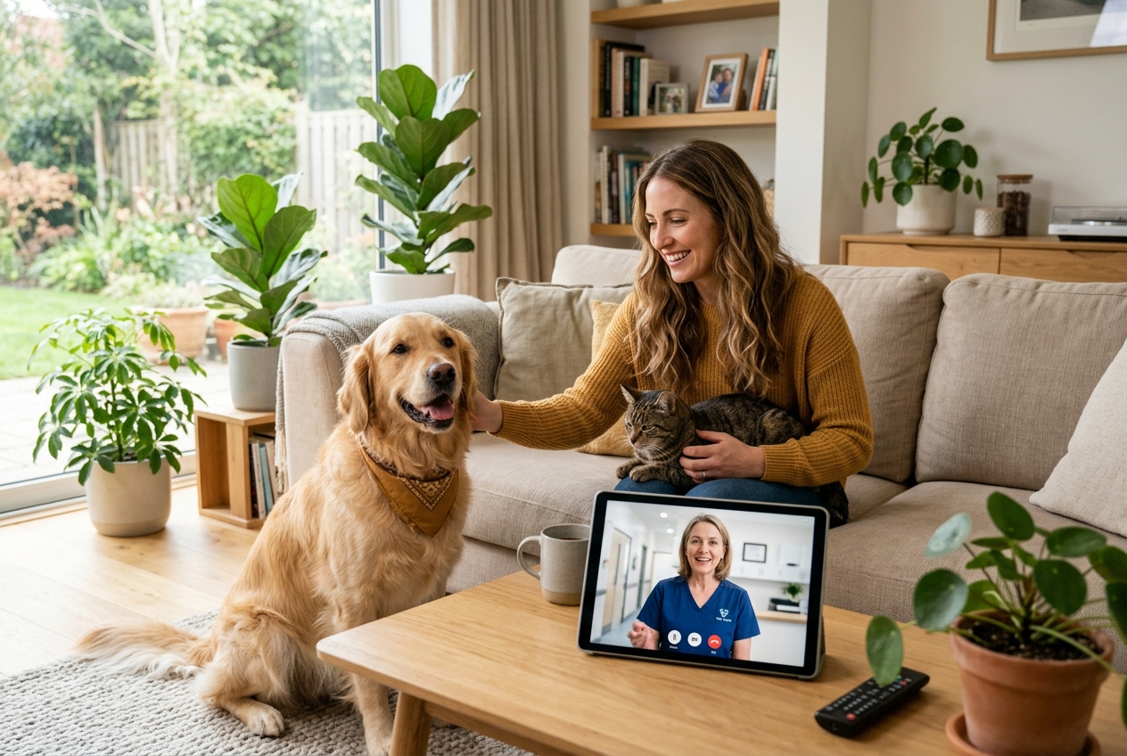 Veterinaria matriculada orientando a familia con perro y gato en consulta virtual